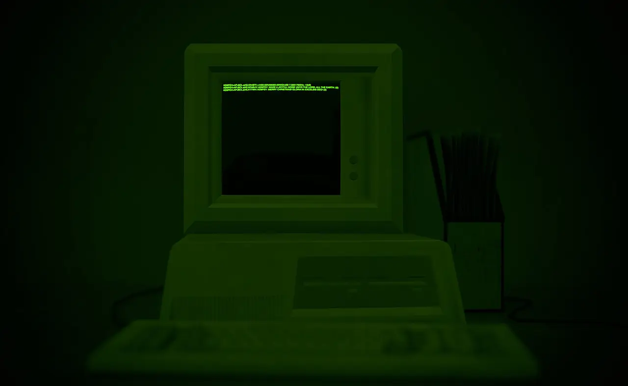 A computer monitor with the screen lit up in green.